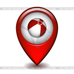 Red map pointer with beach ball - vector EPS clipart