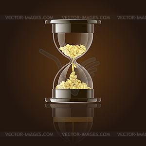 Песочные часы с золотыми монетами на темном фоне - клипарт в векторе