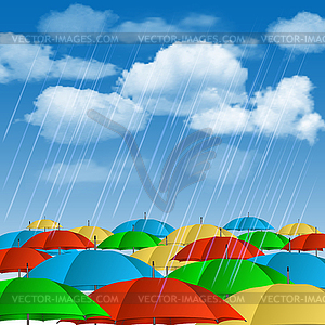 Colorful umbrellas in rain - stock vector clipart