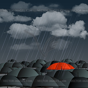 Red umbrella over many dark ones - vector clip art