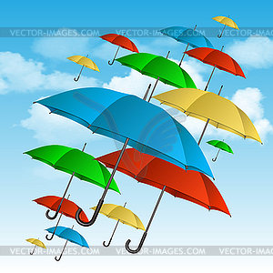 Colorful umbrellas flying high - vector image