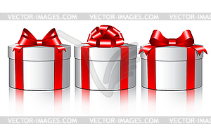 Three white gift boxes with red bows - vector image