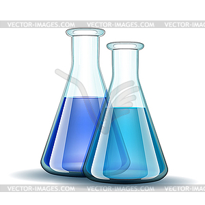 Chemical laboratory transparent flasks with blue - vector clipart