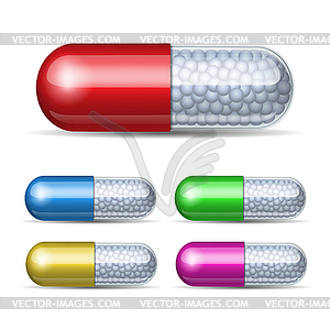 Set of medical capsule with granules - vector image