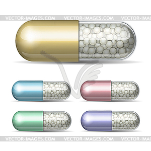 Set of medical capsule with granules - vector clipart