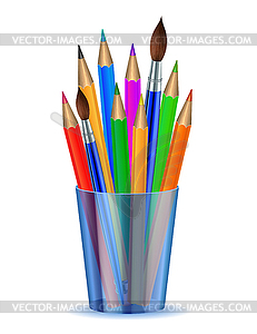 Colorful pencils and Brushes in holder - vector clip art