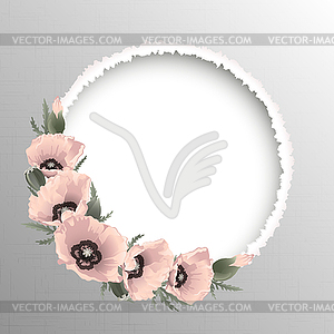 Pink poppies floral round frame - vector image