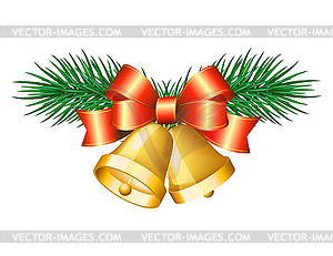 Christmas golden bells with red bows - vector image