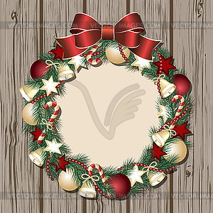 Christmas wreath on wooden door - vector clipart