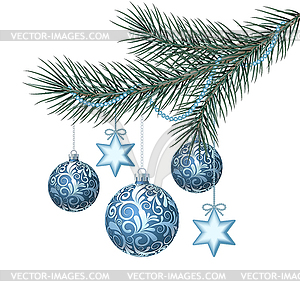 Blue christmas balls on green spruce branch - color vector clipart