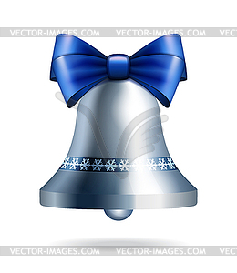 Silver jingle bell with blue bow - vector image