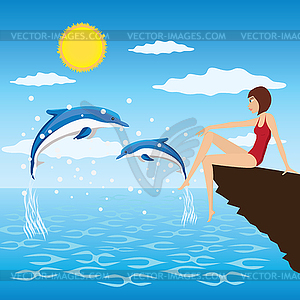 Girl and dolphins - vector EPS clipart