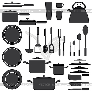 Kitchen utensils in white and black colours - vector image