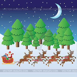 Santa Claus riding in sleigh with deers - vector image