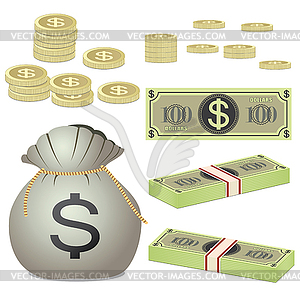 Coins and banknotes and bag with coins - vector image
