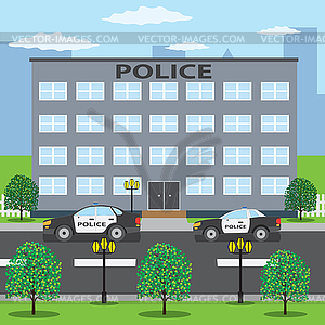 Police building and two police cars on road - vector clip art