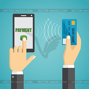 Man hands holding mobile phone, credit card - vector image