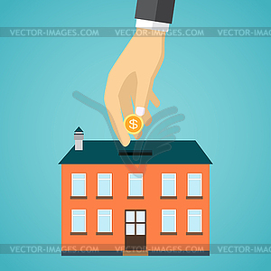 Businessman hand putting coin inside house - vector clipart