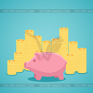 Pink piggy bank and stacks of gold coins - vector clip art