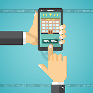 Booking hotel room on mobile device - color vector clipart