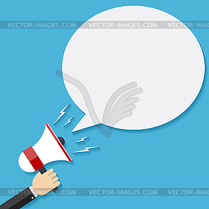 Hand holding megaphone with bubble speech - vector clipart