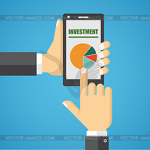 Hand holding smart phone with analyzing graph - vector image