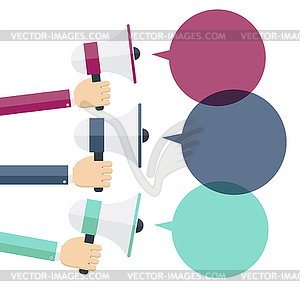 Hands holding megaphone with bubble speech - vector clipart