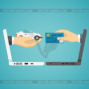 Human hands exchanging credit card and car - vector image