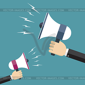 Two hands holding megaphones opposite each other - vector image