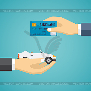 Человеческие руки, обменивающиеся кредитной карты и автомобиль - иллюстрация в векторном формате