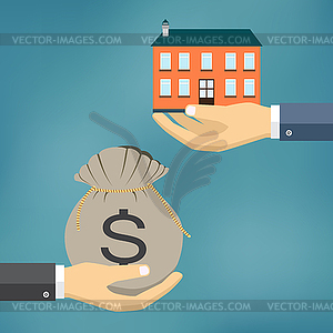 Hands with house and money bag - vector image