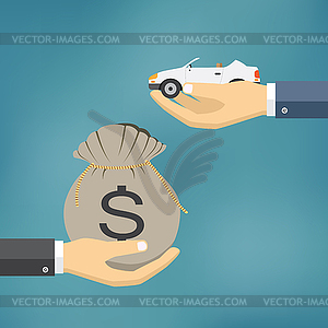 Hands with car and money bag - vector clipart