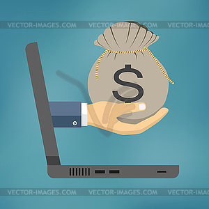 Hand holding bag with money - vector clipart