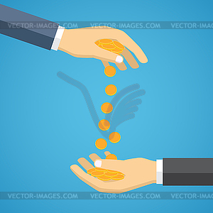 Hand throwing coins to another hand - royalty-free vector clipart