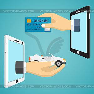 Hands with car and credit card - vector clip art