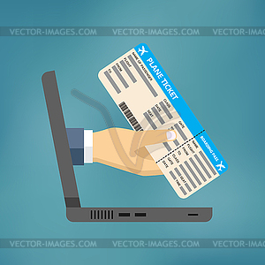 Hand coming out of laptop with ticket - vector clipart