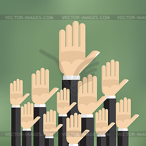 Raised hands on green background - vector image