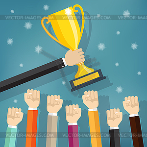 Businessman teams holding champion gold trophy - vector clipart