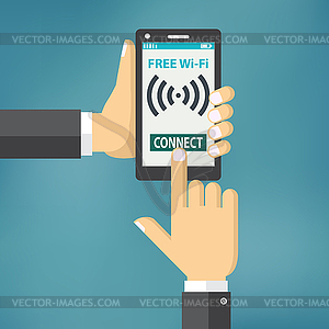 Hand holding smartphone with wifi - vector clip art