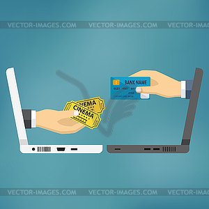 Hands with credit card and cinema tickets - vector image