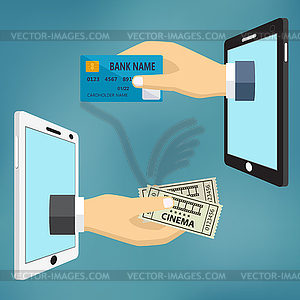 Hands with credit card and cinema tickets - vector clipart