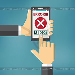 Hand hold smart phone with error on screen - stock vector clipart