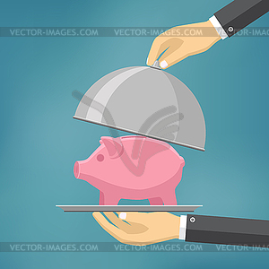 Businessman offering piggybank on clothe - vector clipart