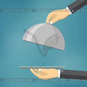 Waiter holding cloche - vector clipart