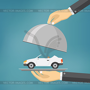 Hand with silver tray with car on it - vector clipart