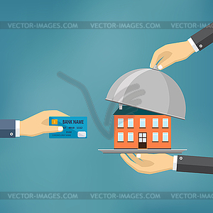 Hands holding credit card and cloche with house - vector clip art