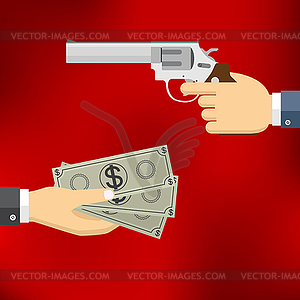 Hand holding pistol and hand giving money - vector image