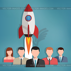 Group of business people with rocket behind them - vector clipart