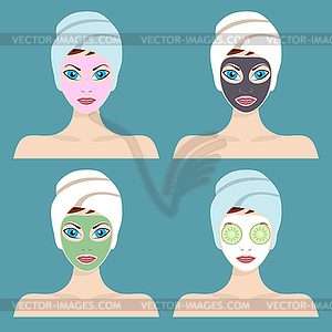 Set of 4 women with cosmetic face masks - vector clip art