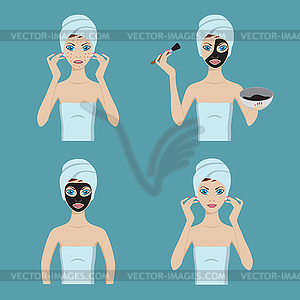 Девушка применяет косметическую маску на лице - векторизованный клипарт
